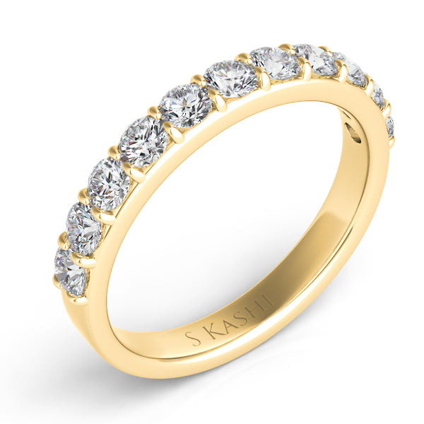 This Band is available in 14K Yellow Gold. There are a total of 11 stones. There are Round with a total carat weight of 0.79 set in a Prong Set setting.