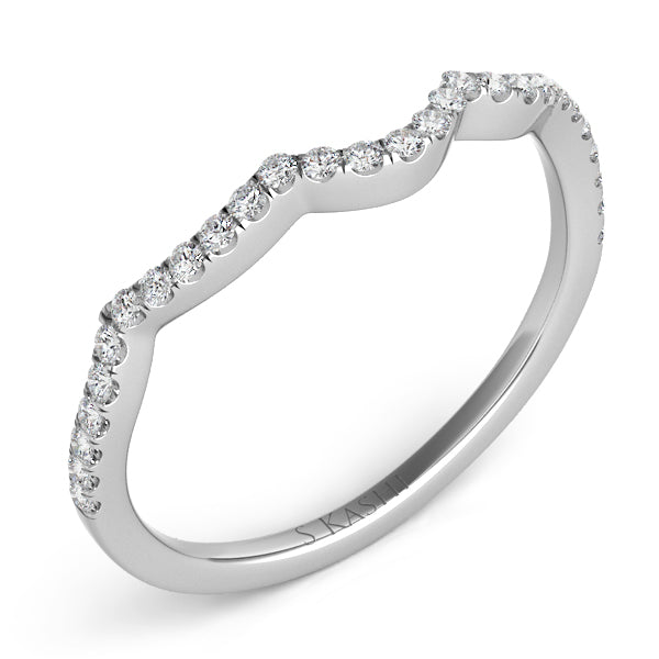 This Band is available in 14K White Gold. There are a total of 28 stones. There are Round with a total carat weight of 0.15 set in a Micro Prong setting.
