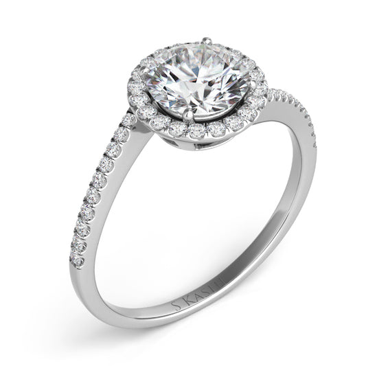 This Engagement Ring  is available in 14K White Gold. There are a total of 44 stones. There are Rounds with a total carat weight of 0.25 set in a Micro Pave setting.