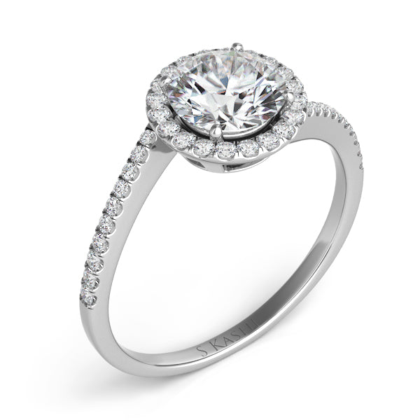 This Engagement Ring  is available in 14K White Gold. There are a total of 44 stones. There are Rounds with a total carat weight of 0.25 set in a Micro Pave setting.