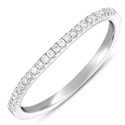 This Band is available in 14K White Gold. There are a total of 26 stones. There are Round with a total carat weight of 0.11 set in a Micro Prong setting.