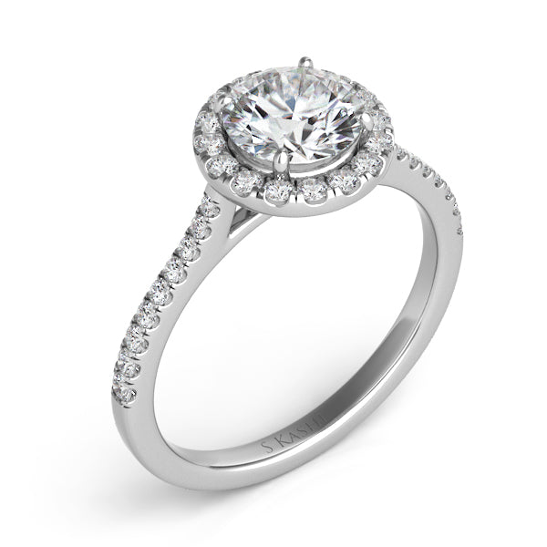 This Engagement Ring  is available in 14K White Gold. There are a total of 34 stones. There are Rounds with a total carat weight of 0.25 set in a Micro Prong setting.