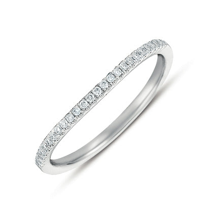 This Band is available in 14K White Gold. There are a total of 26 stones. There are Round with a total carat weight of 0.11 set in a Micro Prong setting.