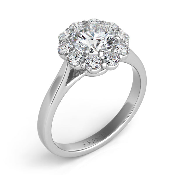 This Engagement Ring  is available in 14K White Gold. There are a total of 10 stones. There are Rounds with a total carat weight of 0.49 set in a Prong Set setting.