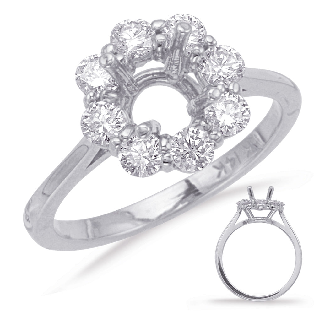 This Engagement Ring  is available in 14K White Gold. There are a total of 10 stones. There are Rounds with a total carat weight of 1 set in a Prong Set setting.