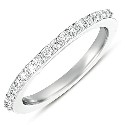 This Band is available in 14K White Gold. There are a total of 17 stones. There are Round with a total carat weight of 0.25 set in a  setting.