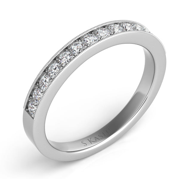 This Band is available in 14K White Gold. There are a total of 15 stones. There are Round with a total carat weight of 0.46 set in a Micro Prong setting.