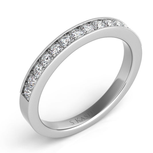 This Band is available in 14K White Gold. There are a total of 15 stones. There are Round with a total carat weight of 0.46 set in a Micro Prong setting.