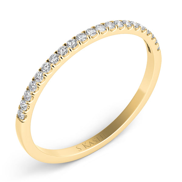 This Band is available in 14K Yellow Gold. There are a total of 21 stones. There are Round with a total carat weight of 0.14 set in a Micro Prong setting.