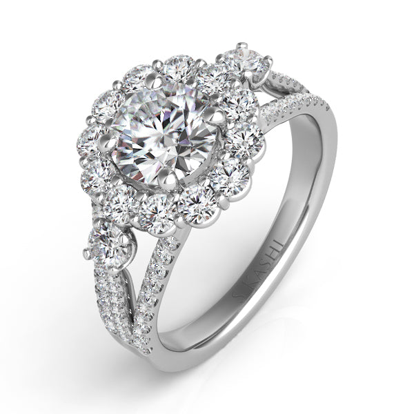 This Engagement Ring  is available in 14K White Gold. There are a total of 66 stones. There are Rounds with a total carat weight of 1.37 set in a Micro Prong|Prong Set|Shared Prongs setting.