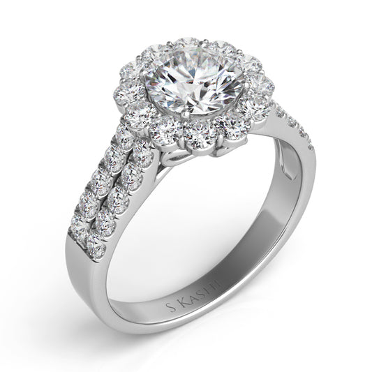 This Engagement Ring  is available in 14K White Gold. There are a total of 32 stones. There are Rounds with a total carat weight of 1 set in a Micro Pave|Prong Set setting.