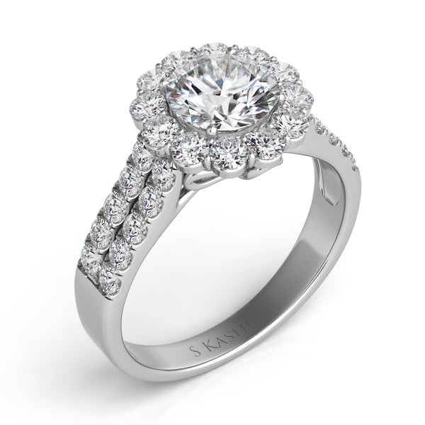 This Engagement Ring  is available in 14K White Gold. There are a total of 32 stones. There are Rounds with a total carat weight of 1 set in a Micro Pave|Prong Set setting.