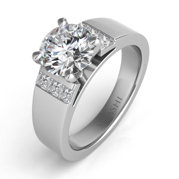This Engagement Ring  is available in 14K White Gold. There are a total of 6 stones. There are Princess with a total carat weight of 0.25 set in a Channel Set setting.