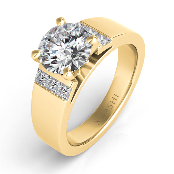 This Engagement Ring  is available in 14K Yellow Gold. There are a total of 6 stones. There are Princess with a total carat weight of 0.25 set in a Channel Set setting.