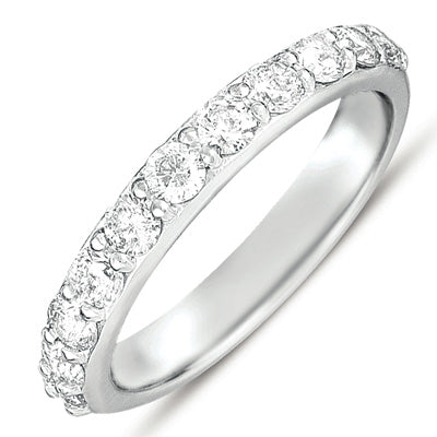 This Band is available in 14K White Gold. There are a total of 11 stones. There are Round with a total carat weight of 1.1 set in a Prong Set setting.
