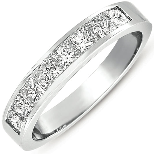 This Band is available in 14K White Gold. There are a total of 8 stones. There are Princess with a total carat weight of 1.08 set in a Channel Set setting.