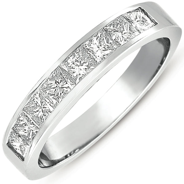 This Band is available in 14K White Gold. There are a total of 8 stones. There are Princess with a total carat weight of 1.08 set in a Channel Set setting.