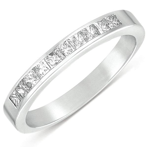 This Band is available in 14K White Gold. There are a total of 10 stones. There are Princess with a total carat weight of 0.4 set in a Channel Set setting.