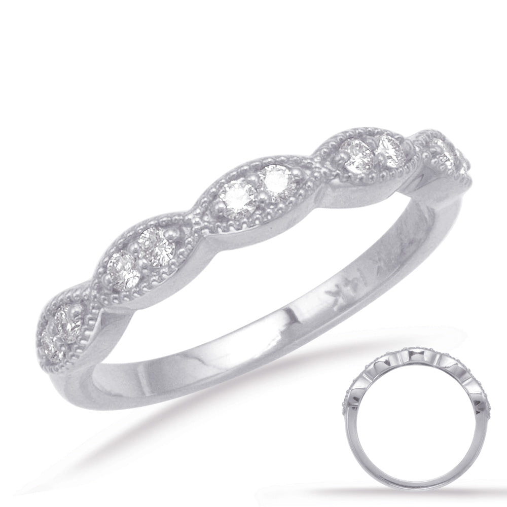 This Band is available in 14K White Gold. There are a total of 10 stones. There are Round with a total carat weight of 0.22 set in a Micro Prong setting.