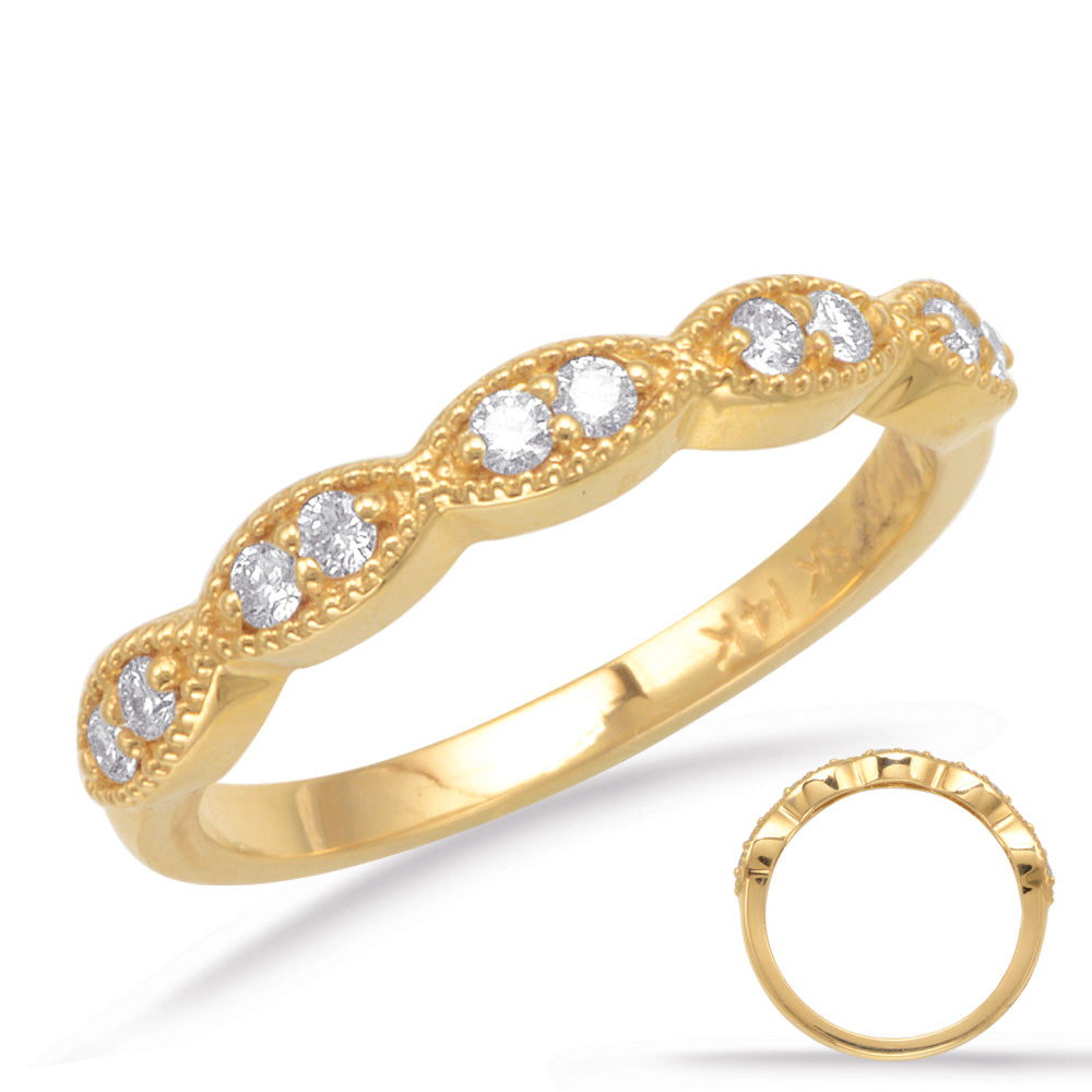 This Band is available in 14K Yellow Gold. There are a total of 10 stones. There are Round with a total carat weight of 0.22 set in a Micro Prong setting.
