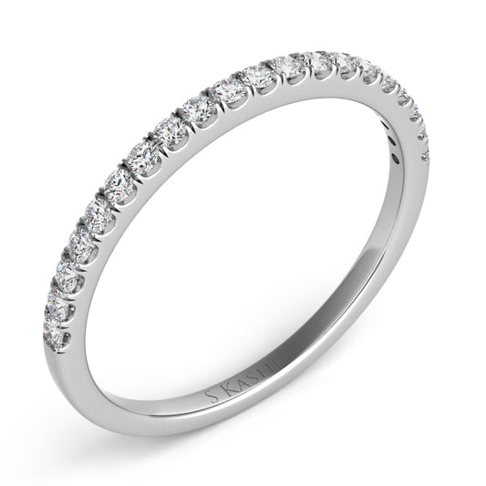 This Band is available in 14K White Gold. There are a total of 20 stones. There are Round with a total carat weight of 0.2 set in a Micro Prong setting.