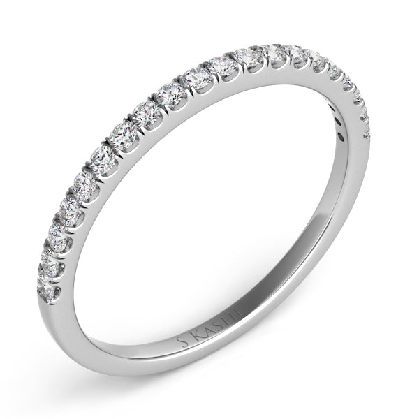 This Band is available in 14K White Gold. There are a total of 20 stones. There are Round with a total carat weight of 0.2 set in a Micro Prong setting.