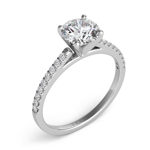 This Engagement Ring  is available in 14K White Gold. There are a total of 18 stones. There are Rounds with a total carat weight of 0.18 set in a Prong Set setting.