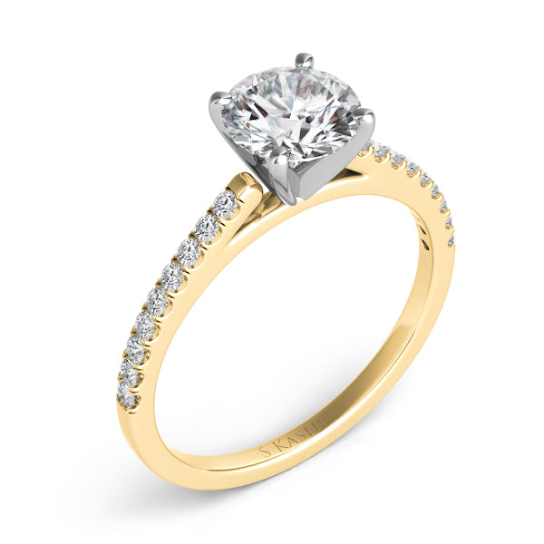 This Engagement Ring  is available in 14K Yellow Gold. There are a total of 18 stones. There are Rounds with a total carat weight of 0.18 set in a Prong Set setting.
