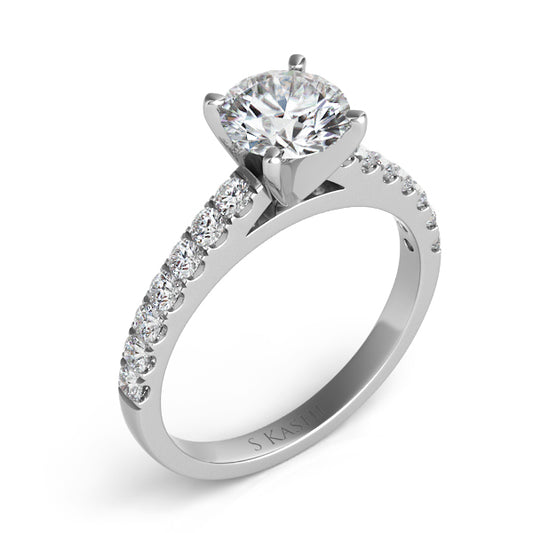 This Engagement Ring  is available in 14K White Gold. There are a total of 14 stones. There are Rounds with a total carat weight of 0.42 set in a Prong Set setting.