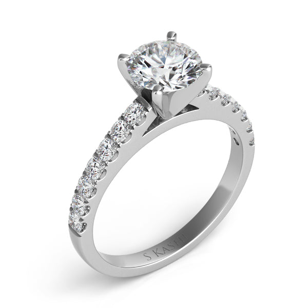 This Engagement Ring  is available in 14K White Gold. There are a total of 14 stones. There are Rounds with a total carat weight of 0.42 set in a Prong Set setting.