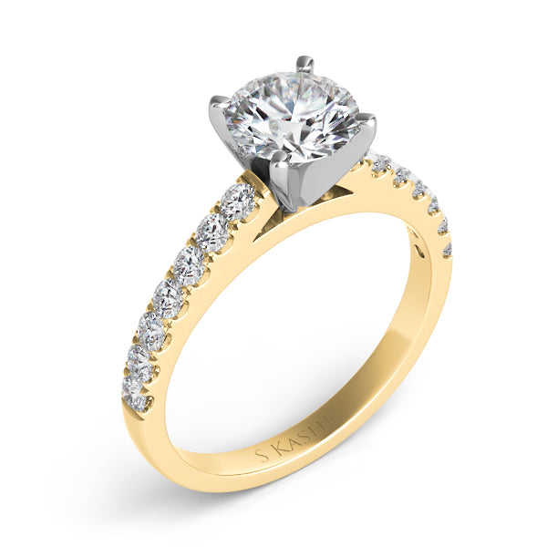 This Engagement Ring  is available in 14K Yellow Gold. There are a total of 14 stones. There are Rounds with a total carat weight of 0.42 set in a Prong Set setting.