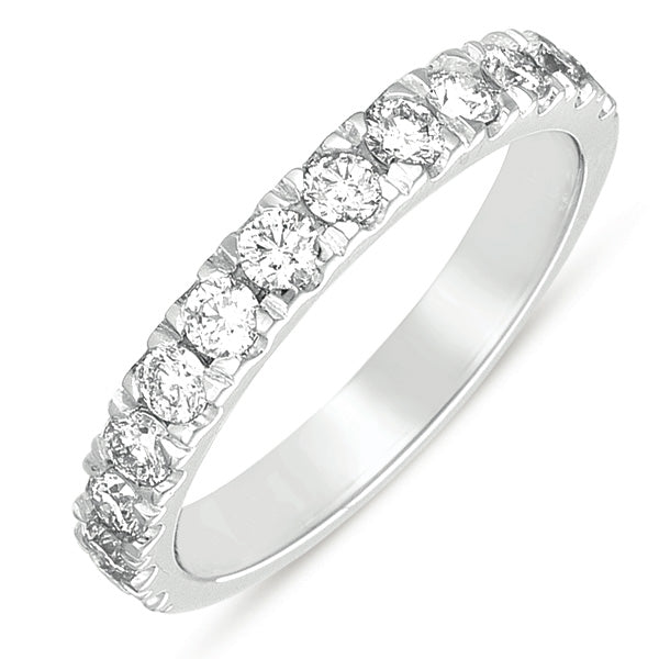This Band is available in 14K White Gold. There are a total of 13 stones. There are Round with a total carat weight of 0.64 set in a Prong Set setting.