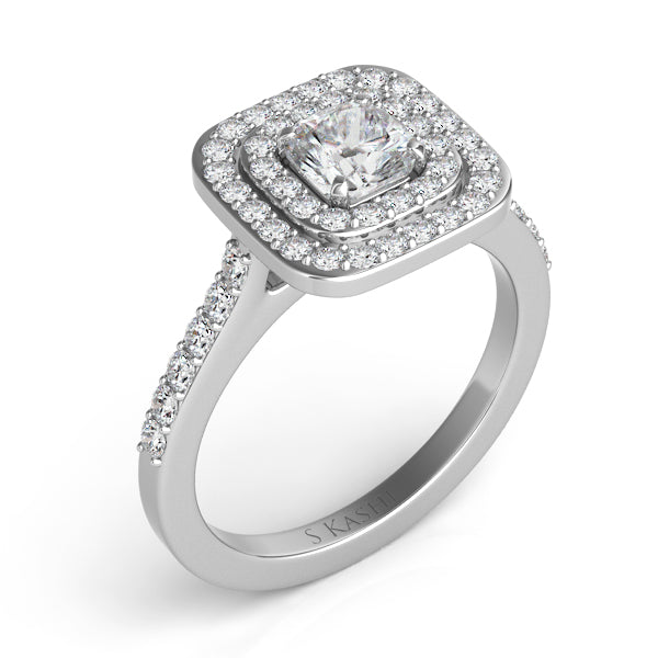 This Engagement Ring  is available in 14K White Gold. There are a total of 52 stones. There are Rounds with a total carat weight of 0.6 set in a Micro Prong setting.