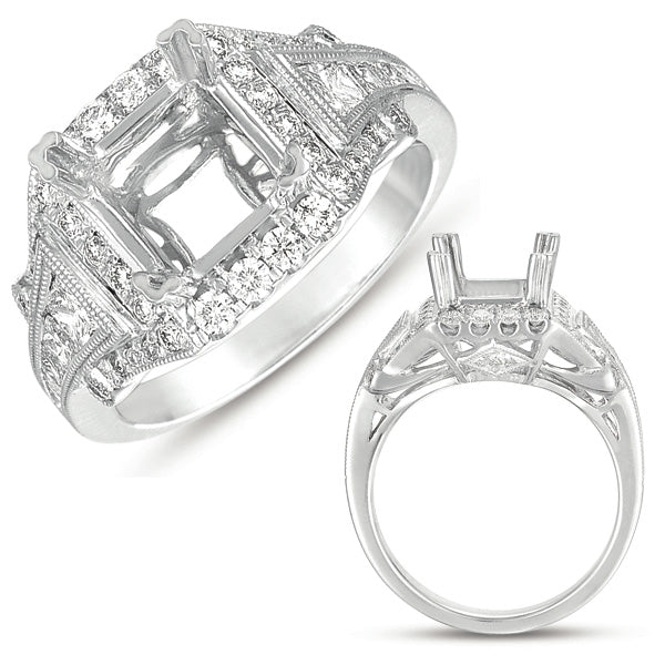 This Engagement Ring  is available in 14K White Gold. There are a total of 48 stones. There are Princess with a total carat weight of 0.48 set in a Bezel Set|Channel Set|Micro Pave setting.There are Rounds stones with a total carat weight of 0.36 set in a Bezel Set|Channel Set|Micro Pave.