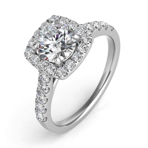 This Engagement Ring  is available in 14K White Gold. There are a total of 26 stones. There are Rounds with a total carat weight of 0.59 set in a Prong Set setting.