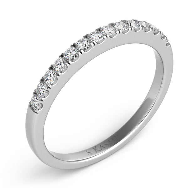 This Band is available in 14K White Gold. There are a total of 14 stones. There are Round with a total carat weight of 0.26 set in a Prong Set setting.