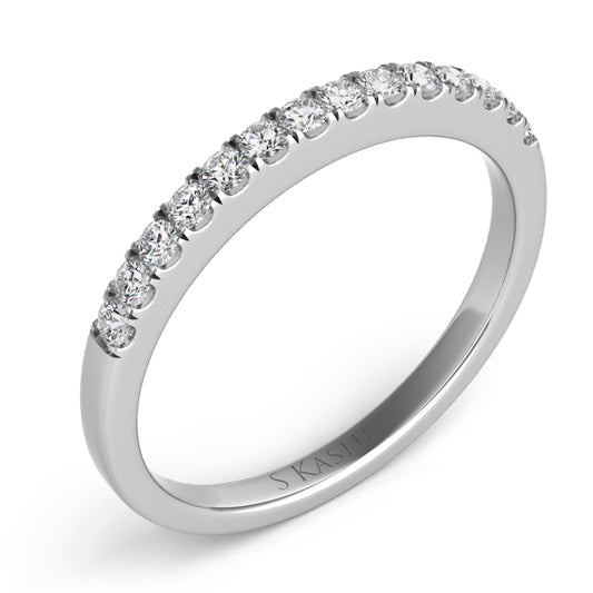 This Band is available in 14K White Gold. There are a total of 14 stones. There are Round with a total carat weight of 0.26 set in a Prong Set setting.