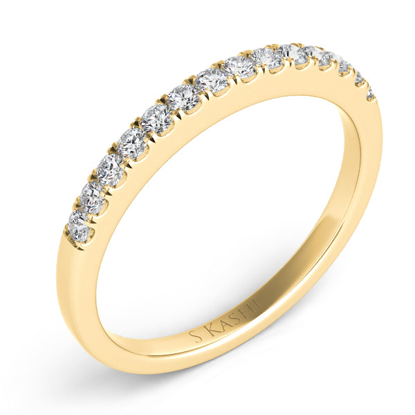 This Band is available in 14K Yellow Gold. There are a total of 14 stones. There are Round with a total carat weight of 0.26 set in a Prong Set setting.