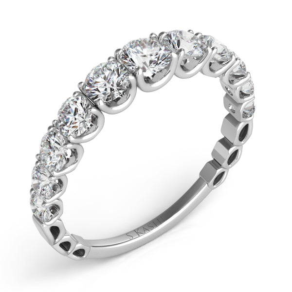 This Band is available in 14K White Gold. There are a total of 11 stones. There are Round with a total carat weight of 1.16 set in a Prong Set setting.
