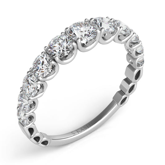 This Band is available in 14K White Gold. There are a total of 11 stones. There are Round with a total carat weight of 1.16 set in a Prong Set setting.