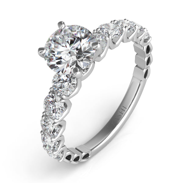 This Engagement Ring  is available in 14K White Gold. There are a total of 10 stones. There are Rounds with a total carat weight of 0.95 set in a Prong Set setting.