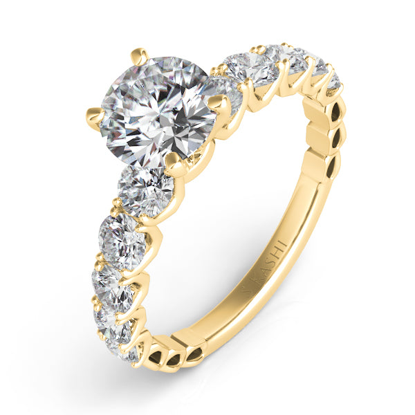 This Engagement Ring  is available in 14K Yellow Gold. There are a total of 10 stones. There are Rounds with a total carat weight of 0.95 set in a Prong Set setting.