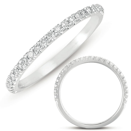 This Band is available in 14K White Gold. There are a total of 25 stones. There are Round with a total carat weight of 0.2 set in a Micro Prong setting.