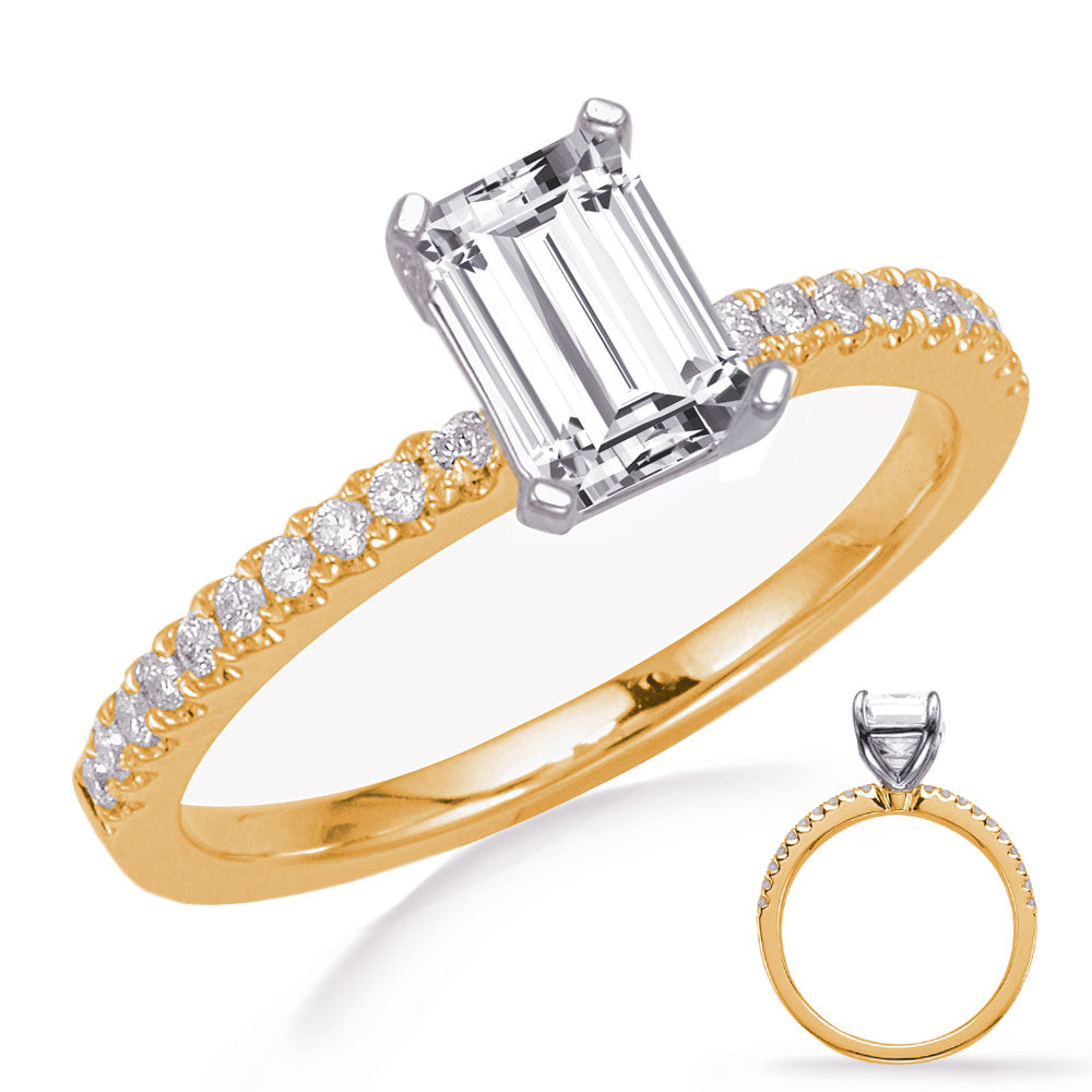 This Engagement Ring  is available in 14K Yellow & White Gold. There are a total of 20 stones. There are Rounds with a total carat weight of 0.18 set in a Micro Pave setting.