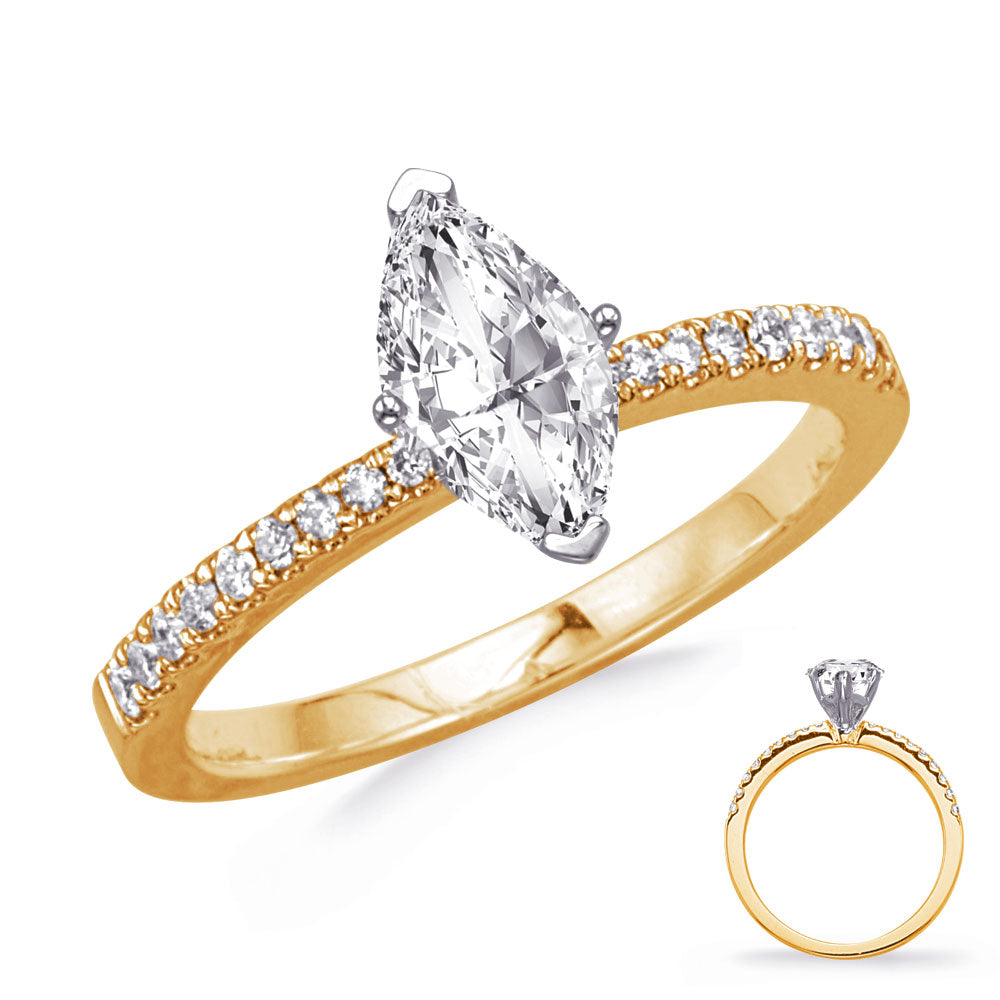 This Engagement Ring  is available in 14K Yellow & White Gold. There are a total of 16 stones. There are Rounds with a total carat weight of 0.19 set in a Micro Prong setting.