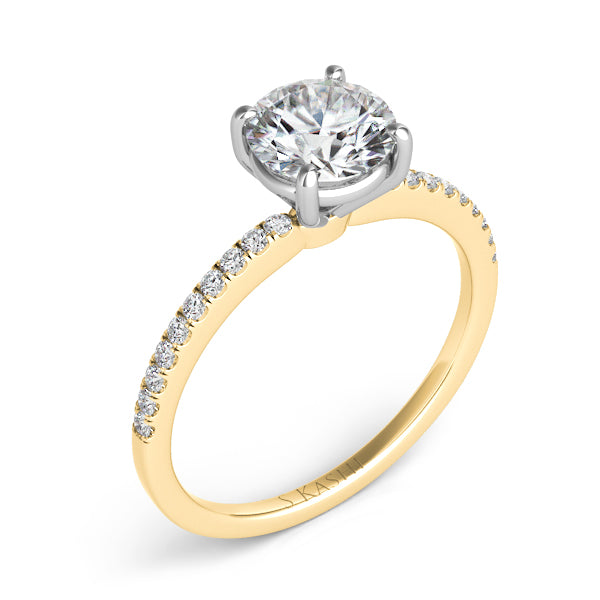 This Engagement Ring  is available in 14K Yellow & White Gold. There are a total of 18 stones. There are Rounds with a total carat weight of 0.2 set in a Micro Prong setting.