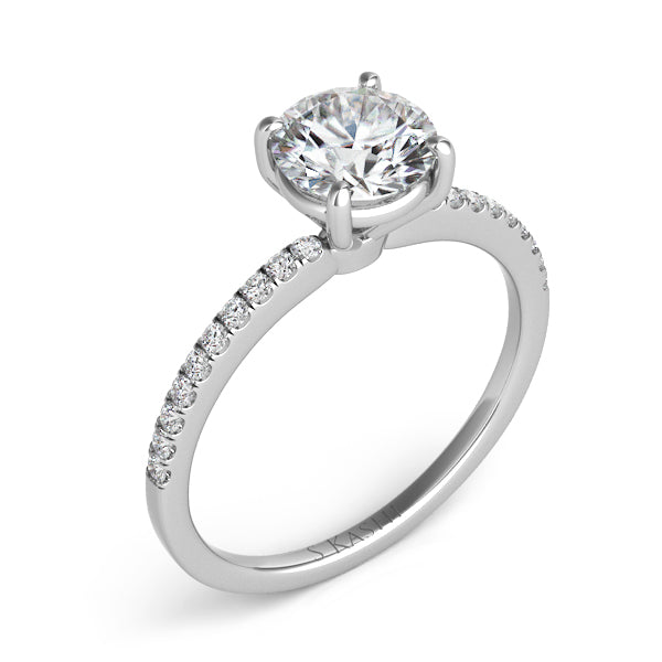 This Engagement Ring  is available in 14K White Gold. There are a total of 18 stones. There are Rounds with a total carat weight of 0.2 set in a Micro Prong setting.