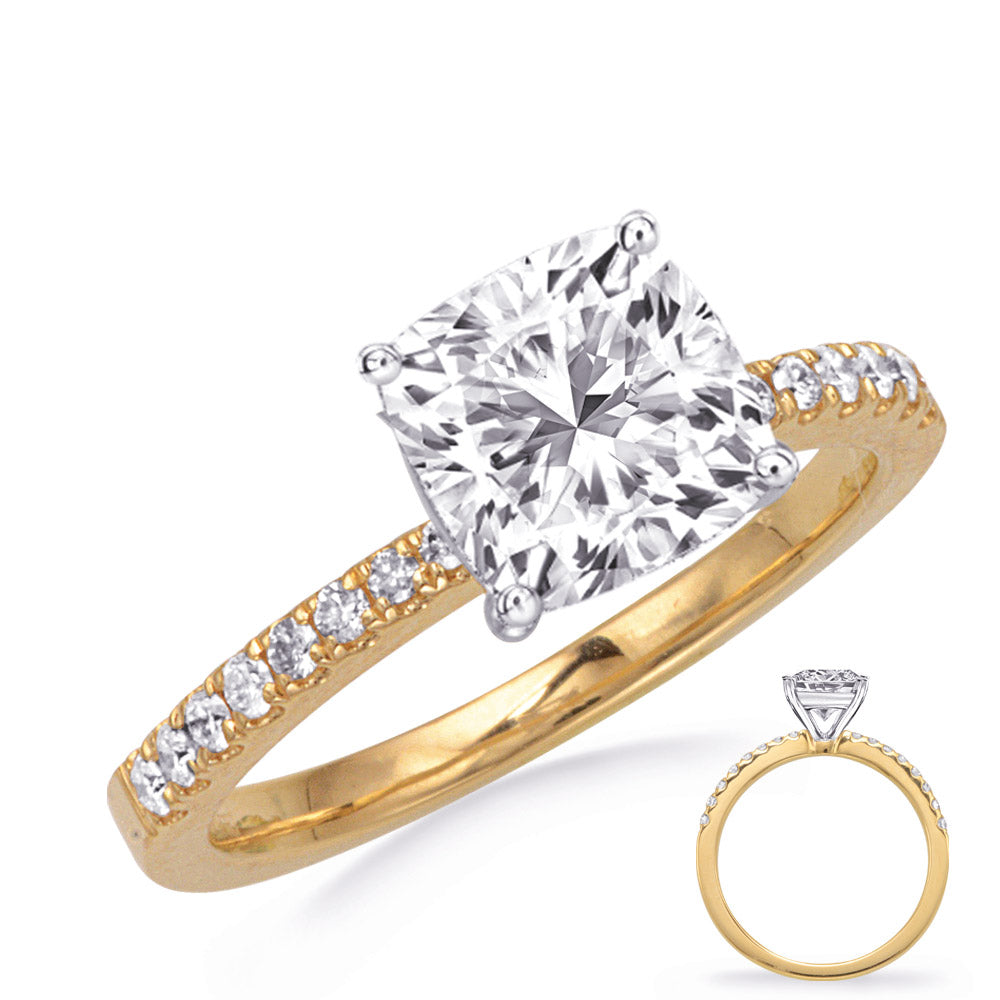 This Engagement Ring  is available in 14K Yellow & White Gold. There are a total of 18 stones. There are Rounds with a total carat weight of 0.16 set in a Prong Set setting.