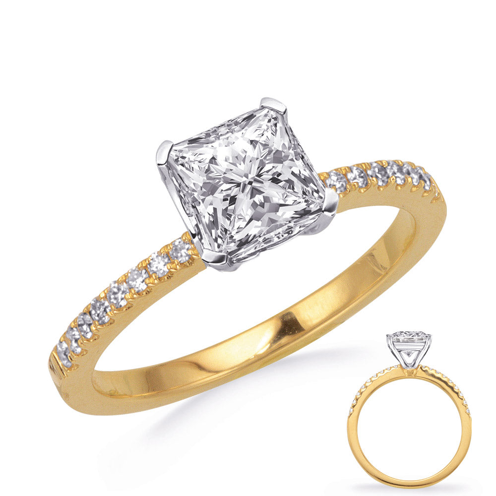 This Engagement Ring  is available in 14K Yellow & White Gold. There are a total of 18 stones. There are Rounds with a total carat weight of 0.16 set in a Prong Set setting.