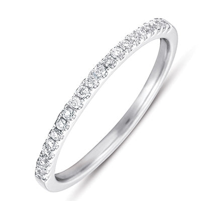 This Band is available in 14K White Gold. There are a total of 21 stones. There are Round with a total carat weight of 0.14 set in a Micro Prong setting.